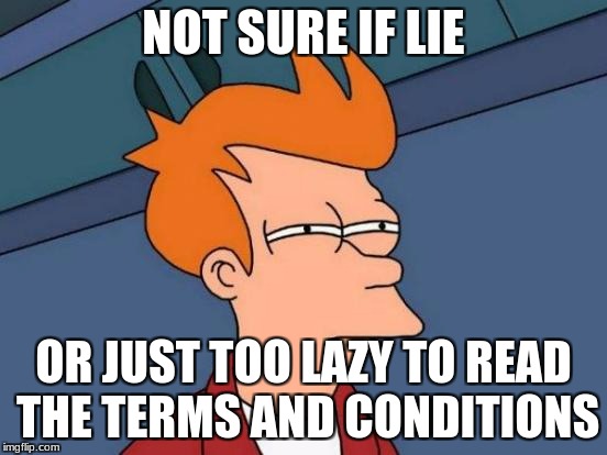 Futurama Fry Meme | NOT SURE IF LIE OR JUST TOO LAZY TO READ THE TERMS AND CONDITIONS | image tagged in memes,futurama fry | made w/ Imgflip meme maker