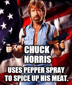 chuck norris | CHUCK NORRIS; USES PEPPER SPRAY TO SPICE UP HIS MEAT. | image tagged in chuck norris | made w/ Imgflip meme maker