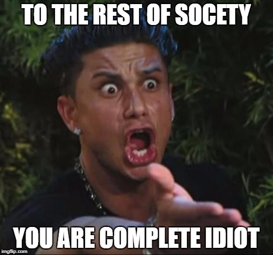 DJ Pauly D Meme | TO THE REST OF SOCETY; YOU ARE COMPLETE IDIOT | image tagged in memes,dj pauly d | made w/ Imgflip meme maker