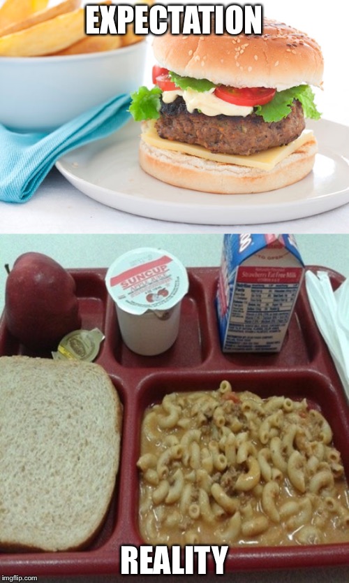 School food expectation reality Dank | EXPECTATION; REALITY | image tagged in memes,and everybody loses their minds | made w/ Imgflip meme maker