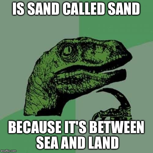 Philosoraptor Meme | IS SAND CALLED SAND; BECAUSE IT'S BETWEEN SEA AND LAND | image tagged in memes,philosoraptor | made w/ Imgflip meme maker