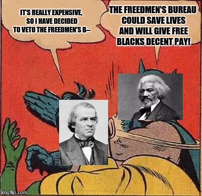 Batman Slapping Robin Meme | IT'S REALLY EXPENSIVE, SO I HAVE DECIDED TO VETO THE FREEDMEN'S B--; THE FREEDMEN'S BUREAU COULD SAVE LIVES AND WILL GIVE FREE BLACKS DECENT PAY! | image tagged in memes,batman slapping robin | made w/ Imgflip meme maker