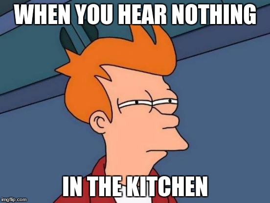 Futurama Fry | WHEN YOU HEAR NOTHING; IN THE KITCHEN | image tagged in memes,futurama fry | made w/ Imgflip meme maker