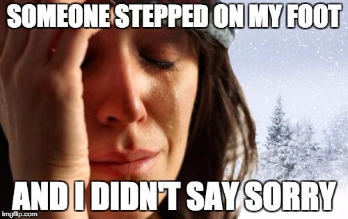 1st World Canadian Problems | SOMEONE STEPPED ON MY FOOT; AND I DIDN'T SAY SORRY | image tagged in memes,1st world canadian problems | made w/ Imgflip meme maker