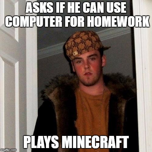 Scumbag Steve Meme | ASKS IF HE CAN USE COMPUTER FOR HOMEWORK; PLAYS MINECRAFT | image tagged in memes,scumbag steve | made w/ Imgflip meme maker