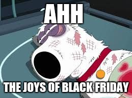 Brian injured | AHH; THE JOYS OF BLACK FRIDAY | image tagged in brian injured | made w/ Imgflip meme maker