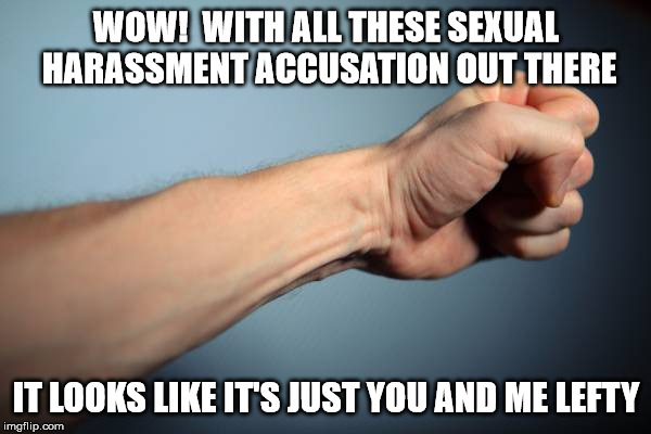I'll Risk Going Cross-eyed and Play It Safe | WOW!  WITH ALL THESE SEXUAL HARASSMENT ACCUSATION OUT THERE; IT LOOKS LIKE IT'S JUST YOU AND ME LEFTY | image tagged in left hand,memes,harassment,dating sucks | made w/ Imgflip meme maker