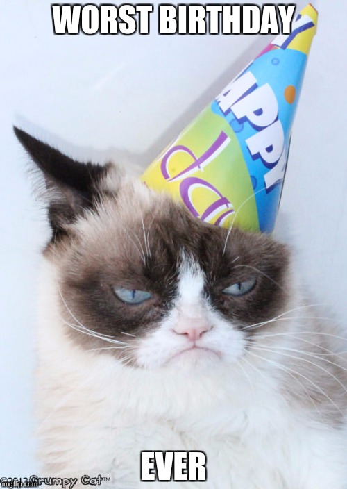 WORST BIRTHDAY; EVER | image tagged in grumpy cat | made w/ Imgflip meme maker