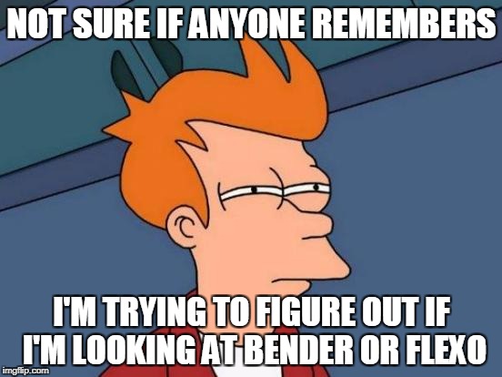 How long have I been squinting? | NOT SURE IF ANYONE REMEMBERS; I'M TRYING TO FIGURE OUT IF I'M LOOKING AT BENDER OR FLEXO | image tagged in memes,futurama fry,futurama,flexo,bender,lesser of two evils | made w/ Imgflip meme maker