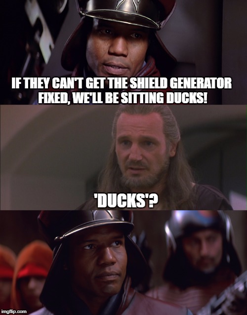 Do ducks exist in the Star Wars galaxy?  | IF THEY CAN'T GET THE SHIELD GENERATOR FIXED, WE'LL BE SITTING DUCKS! 'DUCKS'? | image tagged in star wars,qui-gon jinn,ducks,duck,the phantom menace | made w/ Imgflip meme maker
