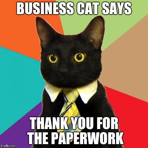 Business Cat Meme | BUSINESS CAT SAYS; THANK YOU FOR THE PAPERWORK | image tagged in memes,business cat | made w/ Imgflip meme maker