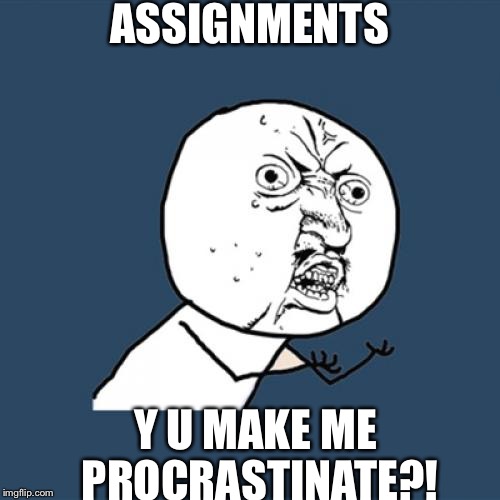 Y U No | ASSIGNMENTS; Y U MAKE ME PROCRASTINATE?! | image tagged in memes,y u no | made w/ Imgflip meme maker