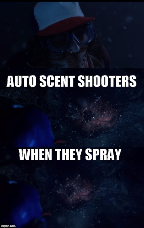 Stranger Things 2 | AUTO SCENT SHOOTERS; WHEN THEY SPRAY | image tagged in stranger things,glade scent shooter,glade,dustin,upside-down | made w/ Imgflip meme maker