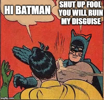 Batman Slapping Robin | HI BATMAN; SHUT UP FOOL YOU WILL RUIN MY DISGUISE | image tagged in memes,batman slapping robin | made w/ Imgflip meme maker