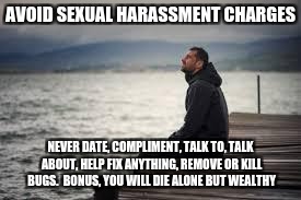 lonely man | AVOID SEXUAL HARASSMENT CHARGES; NEVER DATE, COMPLIMENT, TALK TO, TALK ABOUT, HELP FIX ANYTHING, REMOVE OR KILL BUGS.  BONUS, YOU WILL DIE ALONE BUT WEALTHY | image tagged in lonely man | made w/ Imgflip meme maker