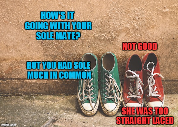 HOW'S IT GOING WITH YOUR SOLE MATE? NOT GOOD BUT YOU HAD SOLE MUCH IN COMMON SHE WAS TOO STRAIGHT LACED | made w/ Imgflip meme maker