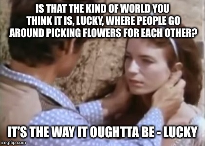 IS THAT THE KIND OF WORLD YOU THINK IT IS, LUCKY, WHERE PEOPLE GO AROUND PICKING FLOWERS FOR EACH OTHER? IT’S THE WAY IT OUGHTTA BE - LUCKY | image tagged in muley and lucky | made w/ Imgflip meme maker