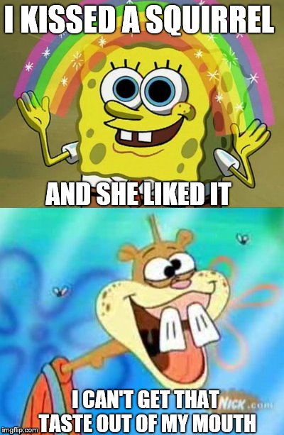 Imagination Spongbob | I KISSED A SQUIRREL; AND SHE LIKED IT; I CAN'T GET THAT TASTE OUT OF MY MOUTH | image tagged in imagination spongebob,spongebob imagination,memes,sandy cheeks,sandy cheeks - tough | made w/ Imgflip meme maker
