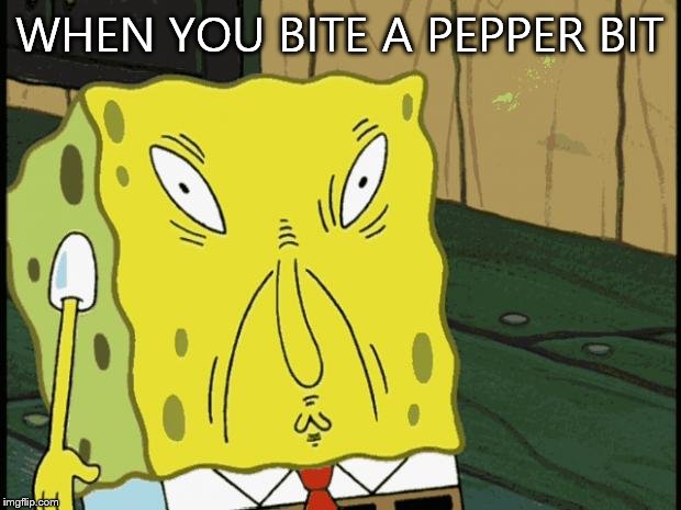Spongebob funny face | WHEN YOU BITE A PEPPER BIT | image tagged in spongebob funny face | made w/ Imgflip meme maker