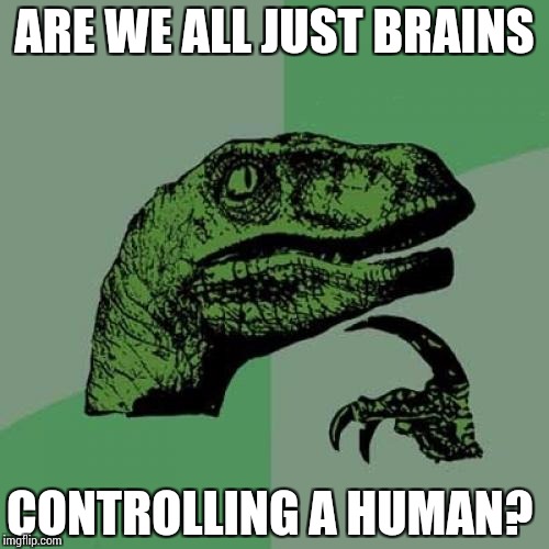 Philosoraptor Meme | ARE WE ALL JUST BRAINS; CONTROLLING A HUMAN? | image tagged in memes,philosoraptor | made w/ Imgflip meme maker