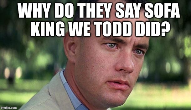 We Todd Did what? | WHY DO THEY SAY SOFA KING WE TODD DID? | image tagged in gump,wetoddid,meme to me | made w/ Imgflip meme maker
