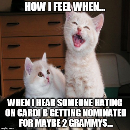 How I feel when my haters are... | HOW I FEEL WHEN... WHEN I HEAR SOMEONE HATING ON CARDI B GETTING NOMINATED FOR MAYBE 2 GRAMMYS... | image tagged in i laugh at my haters,funny,funny animals,cats,funny cats,haters | made w/ Imgflip meme maker