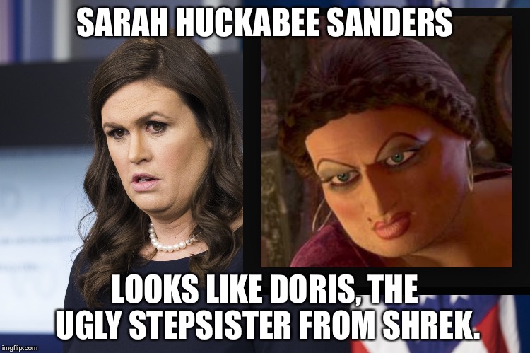 Sarah Huckabee Sanders looks like Doris ugly stepsister from Shrek | SARAH HUCKABEE SANDERS; LOOKS LIKE DORIS, THE UGLY STEPSISTER FROM SHREK. | image tagged in sarah huckabee sanders,shrek,ugly stepsister,your face looks like,press secretary,memes | made w/ Imgflip meme maker