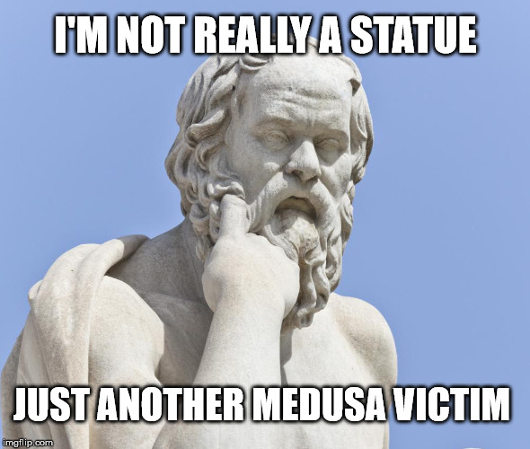 Are statues and sculptures real?  | I'M NOT REALLY A STATUE; JUST ANOTHER MEDUSA VICTIM | image tagged in socrates statue,memes,deep thoughts,statue,medusa,stupid | made w/ Imgflip meme maker