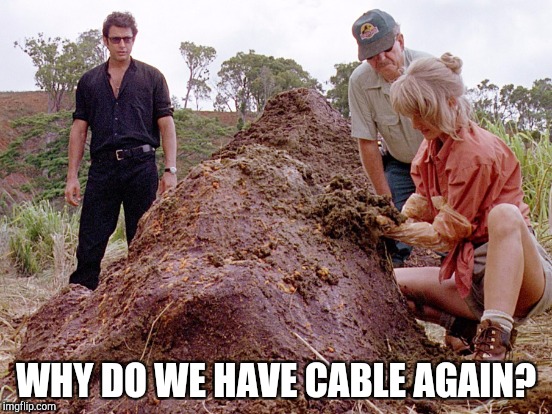 Cable and satellite TV | WHY DO WE HAVE CABLE AGAIN? | image tagged in jurassic park shit | made w/ Imgflip meme maker