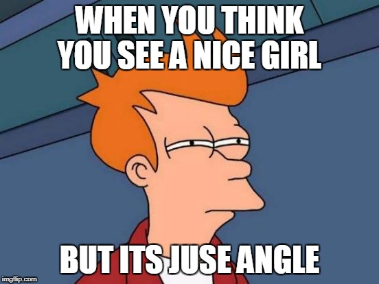 Futurama Fry Meme | WHEN YOU THINK YOU SEE A NICE GIRL; BUT ITS JUSE ANGLE | image tagged in memes,futurama fry | made w/ Imgflip meme maker
