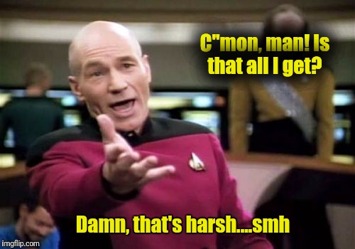 Picard | C"mon, man! Is that all I get? Damn, that's harsh....smh | image tagged in memes,picard wtf | made w/ Imgflip meme maker