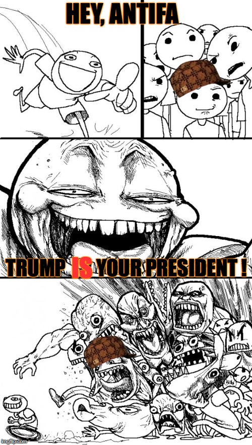 Hey Internet Meme | HEY, ANTIFA; TRUMP        YOUR PRESIDENT ! IS | image tagged in memes,hey internet,scumbag | made w/ Imgflip meme maker