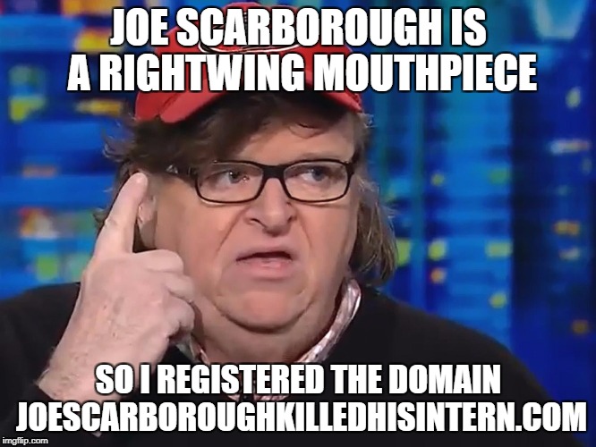JOE SCARBOROUGH IS A RIGHTWING MOUTHPIECE; SO I REGISTERED THE DOMAIN JOESCARBOROUGHKILLEDHISINTERN.COM | image tagged in michael moore | made w/ Imgflip meme maker