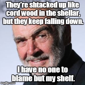 They're shtacked up like cord wood in the shellar, but they keep falling down. I have no one to blame but my shelf. | made w/ Imgflip meme maker