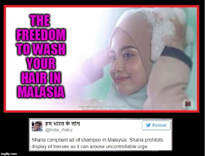 Different Strokes for Different Folks | THE FREEDOM TO WASH YOUR HAIR IN MALASIA | image tagged in shampooing in malaysia,shampooing your hair in malaysia,halal,vince vance,sharia law,freedom of women | made w/ Imgflip meme maker
