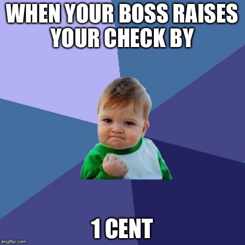 Success Kid Meme | WHEN YOUR BOSS RAISES YOUR CHECK BY; 1 CENT | image tagged in memes,success kid | made w/ Imgflip meme maker