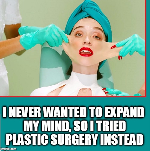 Give Me Some Skin | I NEVER WANTED TO EXPAND MY MIND, SO I TRIED PLASTIC SURGERY INSTEAD | image tagged in stretchy face,vince vance,mind expanding,plastic surgery | made w/ Imgflip meme maker