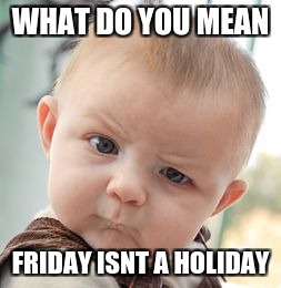 Skeptical Baby | WHAT DO YOU MEAN; FRIDAY ISNT A HOLIDAY | image tagged in memes,skeptical baby | made w/ Imgflip meme maker