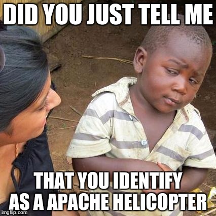 Third World Skeptical Kid Meme | DID YOU JUST TELL ME THAT YOU IDENTIFY AS A APACHE HELICOPTER | image tagged in memes,third world skeptical kid | made w/ Imgflip meme maker