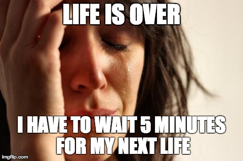 First World Problems Meme | LIFE IS OVER I HAVE TO WAIT 5 MINUTES FOR MY NEXT LIFE | image tagged in memes,first world problems | made w/ Imgflip meme maker