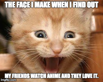 Anime Friends | THE FACE I MAKE WHEN I FIND OUT; MY FRIENDS WATCH ANIME AND THEY LOVE IT. | image tagged in memes,excited cat,cat memes | made w/ Imgflip meme maker