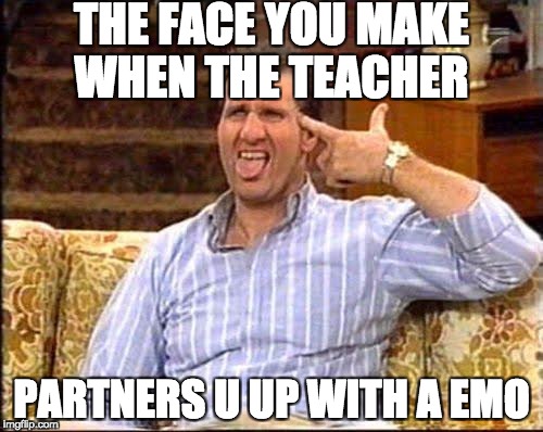 al bundy couch shooting | THE FACE YOU MAKE WHEN THE TEACHER; PARTNERS U UP WITH A EMO | image tagged in al bundy couch shooting | made w/ Imgflip meme maker
