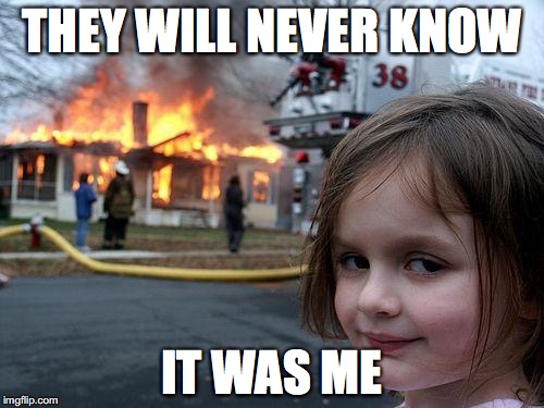 Disaster Girl Meme | THEY WILL NEVER KNOW; IT WAS ME | image tagged in memes,disaster girl | made w/ Imgflip meme maker