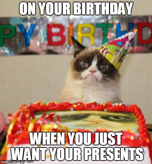 Grumpy Cat Cake | ON YOUR BIRTHDAY; WHEN YOU JUST WANT YOUR PRESENTS | image tagged in grumpy cat cake | made w/ Imgflip meme maker