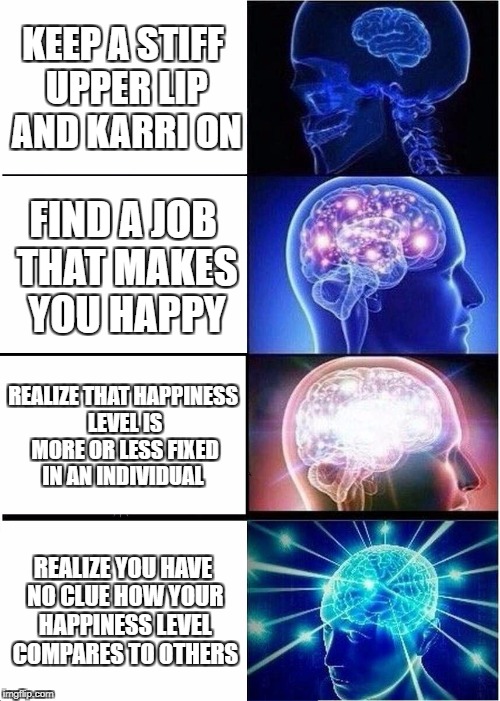 Expanding Brain Meme | KEEP A STIFF UPPER LIP AND KARRI ON; FIND A JOB THAT MAKES YOU HAPPY; REALIZE THAT HAPPINESS LEVEL IS MORE OR LESS FIXED IN AN INDIVIDUAL; REALIZE YOU HAVE NO CLUE HOW YOUR HAPPINESS LEVEL COMPARES TO OTHERS | image tagged in memes,expanding brain | made w/ Imgflip meme maker