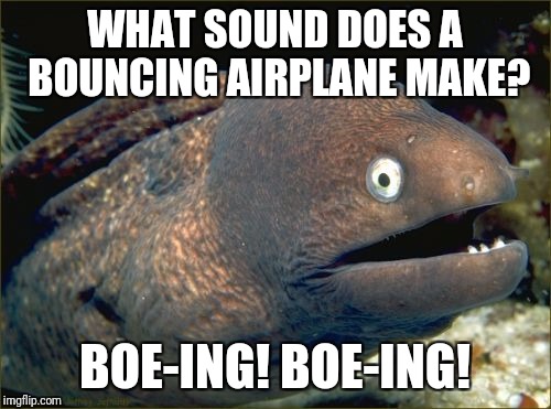 Bad jokes and the friendly skies | WHAT SOUND DOES A BOUNCING AIRPLANE MAKE? BOE-ING! BOE-ING! | image tagged in memes,bad joke eel | made w/ Imgflip meme maker