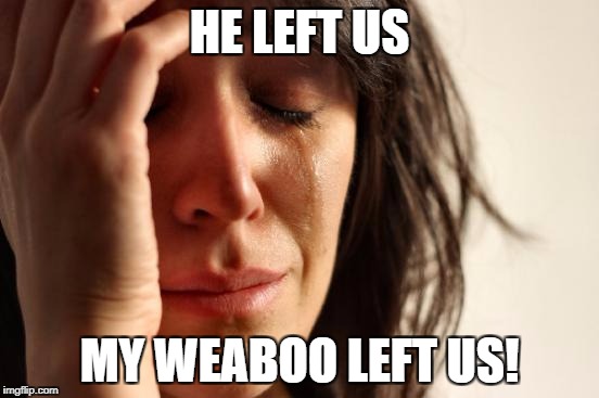 First World Problems Meme | HE LEFT US MY WEABOO LEFT US! | image tagged in memes,first world problems | made w/ Imgflip meme maker