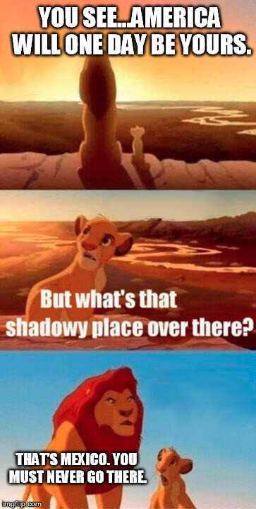 Simba Shadowy Place Meme | YOU SEE...AMERICA WILL ONE DAY BE YOURS. THAT'S MEXICO. YOU MUST NEVER GO THERE. | image tagged in memes,simba shadowy place | made w/ Imgflip meme maker