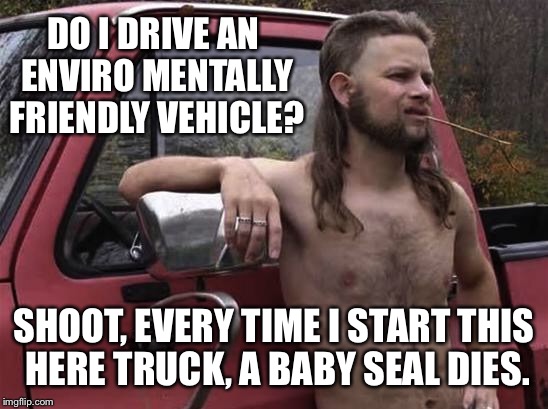 I have this truck | DO I DRIVE AN ENVIRO MENTALLY FRIENDLY VEHICLE? SHOOT, EVERY TIME I START THIS HERE TRUCK, A BABY SEAL DIES. | image tagged in almost politically correct redneck red neck,redneck,truck,seal | made w/ Imgflip meme maker