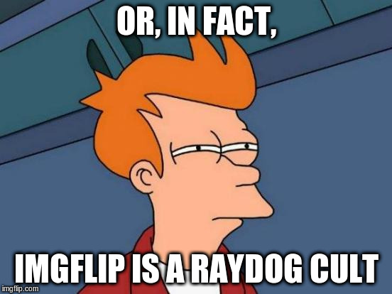 Futurama Fry Meme | OR, IN FACT, IMGFLIP IS A RAYDOG CULT | image tagged in memes,futurama fry | made w/ Imgflip meme maker